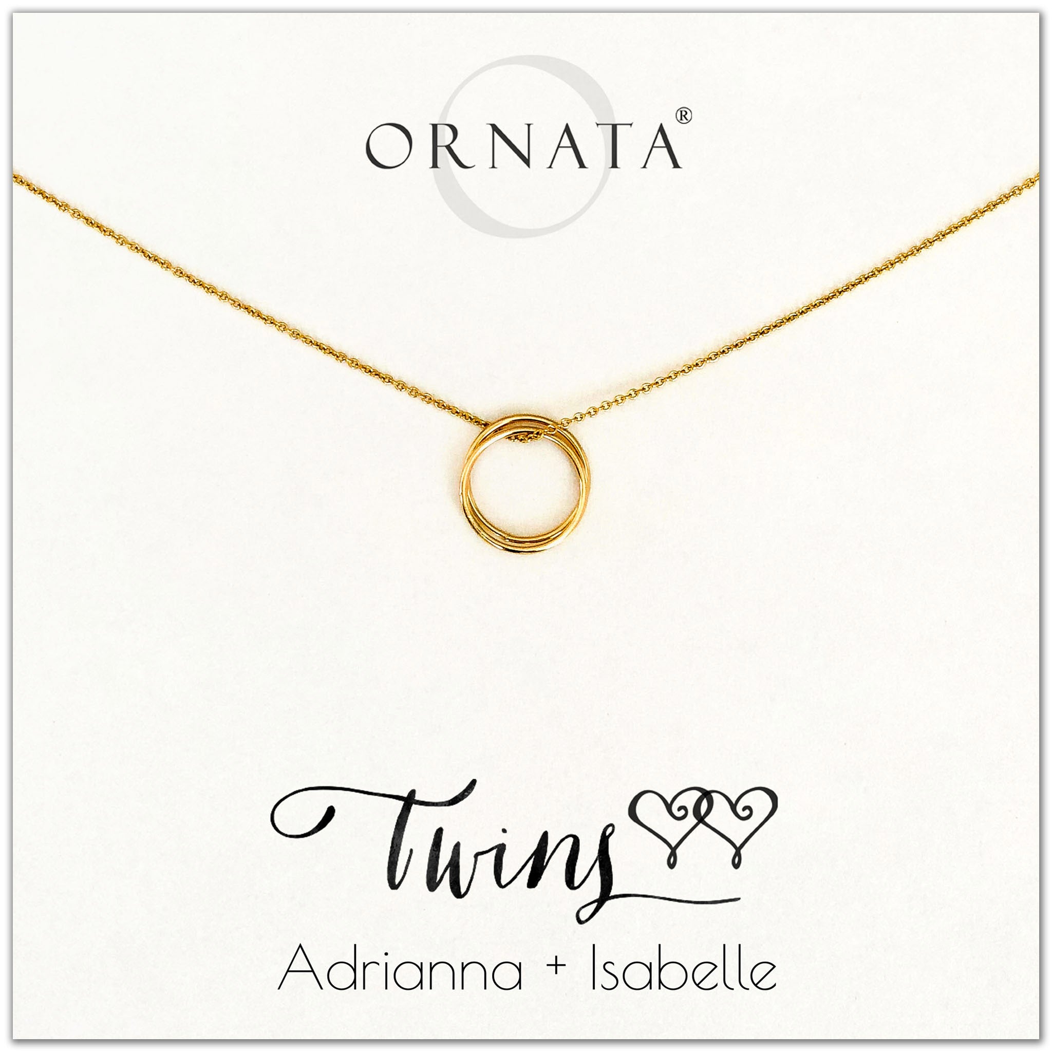 Personalized gold necklaces for twins. Our 14 karat gold filled custom jewelry is a perfect gift for a sister, best friend, mother of twins, or twin. 