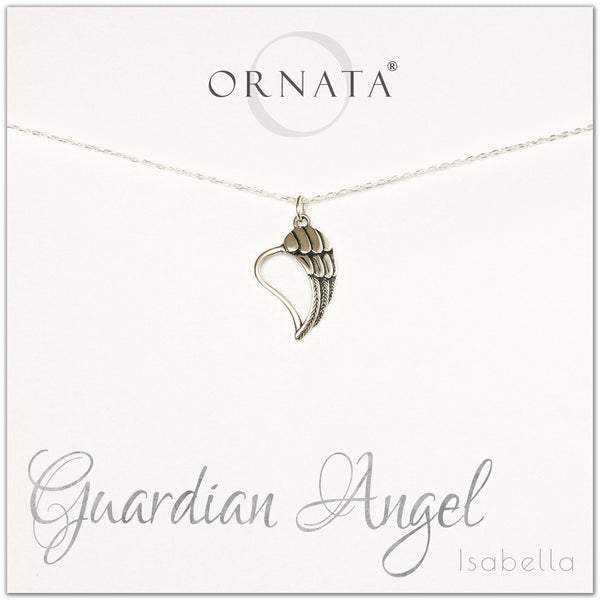 Guardian Angel necklace - personalized silver guardian angel necklace. Our sterling silver custom jewelry is a perfect gift to symbolize angels with a delicate angel charm. Good condolence gift of spiritual jewelry with an angel wing charm. 