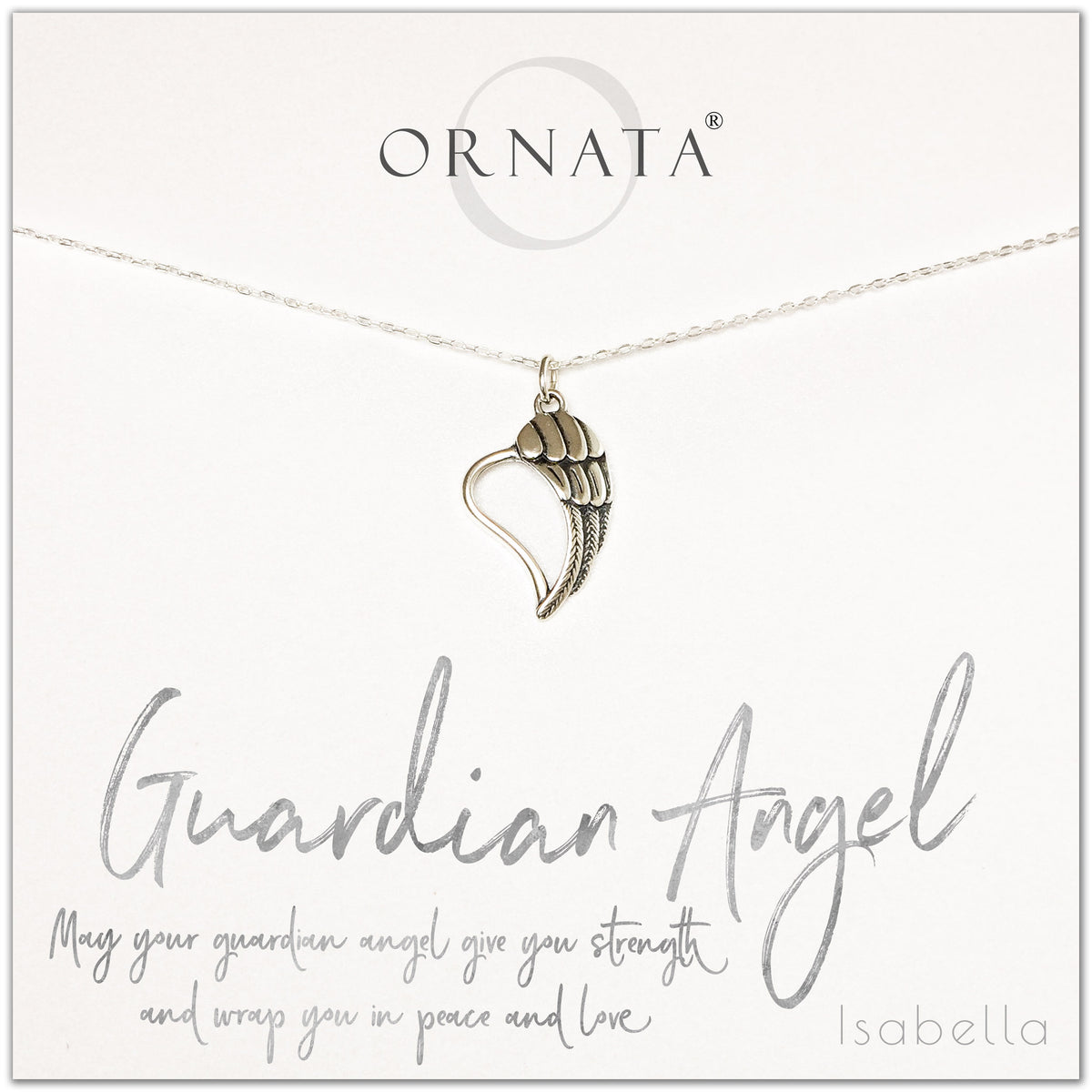 Guardian Angel necklace - personalized silver guardian angel necklace. Our sterling silver custom jewelry is a perfect gift to symbolize angels with a delicate angel charm. Good condolence gift of spiritual jewelry with an angel wing charm. 