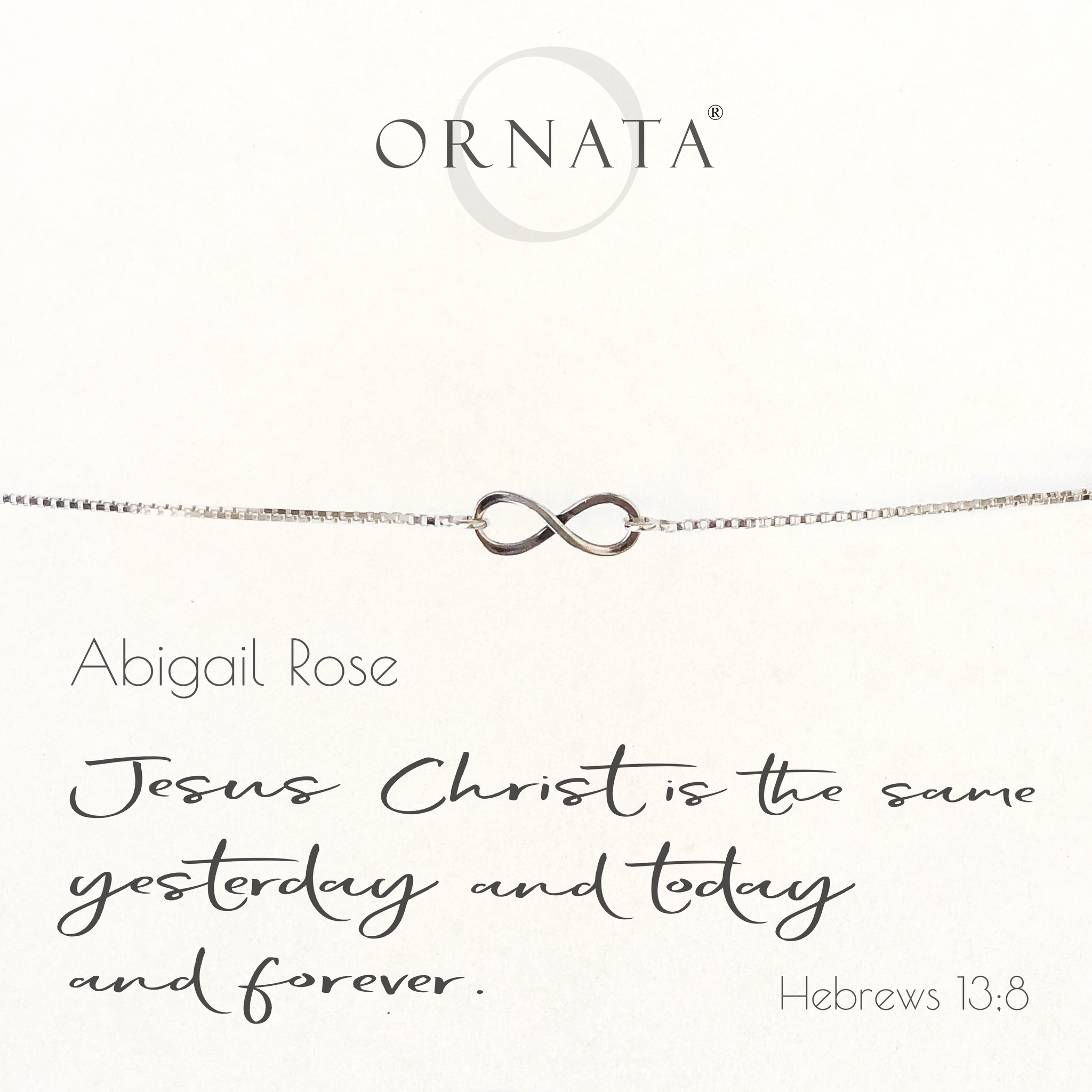 "HEBREWS 13:8" INFINITY STERLING SILVER BOLO BRACELET ON PERSONALIZED JEWELRY CARD