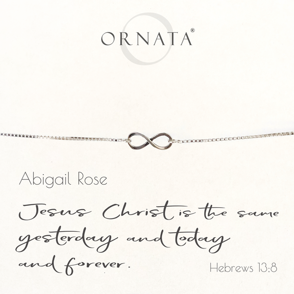 "HEBREWS 13:8" INFINITY STERLING SILVER BOLO BRACELET ON PERSONALIZED JEWELRY CARD