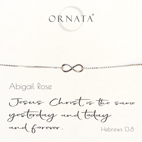 "HEBREWS 13:8" INFINITY STERLING SILVER BOLO BRACELET ON PERSONALIZED JEWELRY CARD