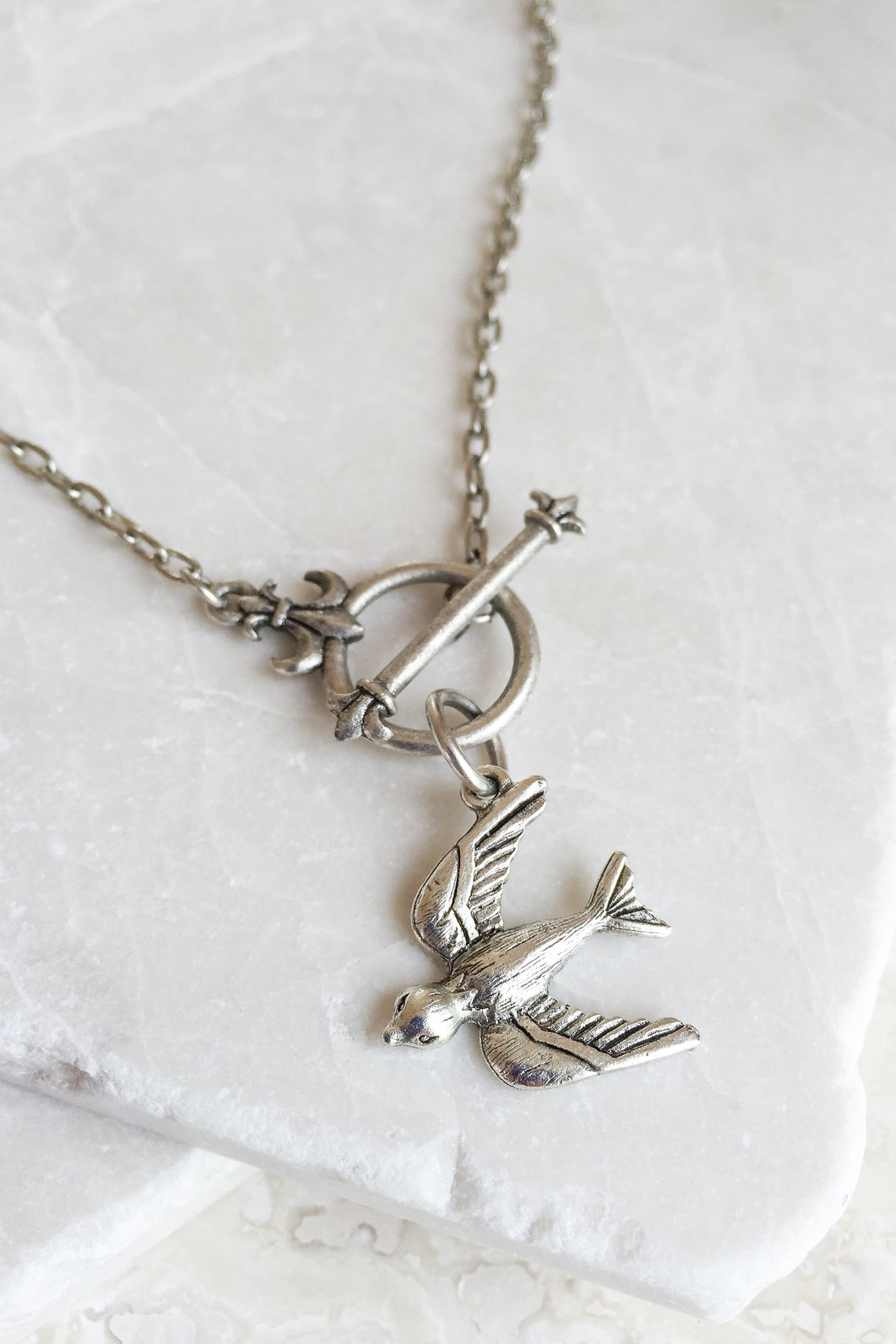 “You Can Fly” Swallow Necklace w/ Fleur-de-Lis Toggle