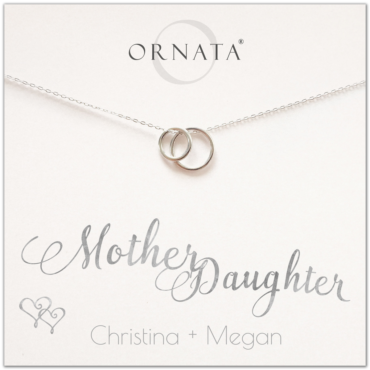Mother Daughter necklace - personalized silver necklaces. Our sterling silver custom jewelry is a perfect gift for mothers and daughters, wives, or family members. Also a good gift for Mother’s Day or a gift for daughters to give their mothers. Delicate sterling silver interlocking rings represent a mother and daughter. 