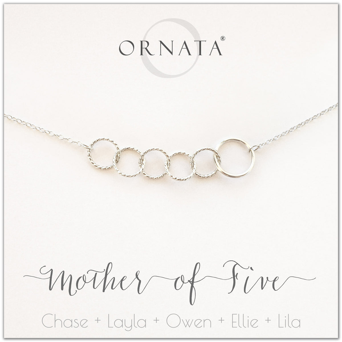 Mom or Mother of Five - personalized silver necklaces. Our sterling silver custom jewelry is a perfect gift for mothers of five children, wives, or family members. Also a good gift for Mother’s Day. Delicate sterling silver interlocking rings represent a mother and her five children. 