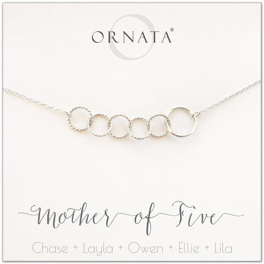 Mom or Mother of Five - personalized silver necklaces. Our sterling silver custom jewelry is a perfect gift for mothers of five children, wives, or family members. Also a good gift for Mother’s Day. Delicate sterling silver interlocking rings represent a mother and her five children. 