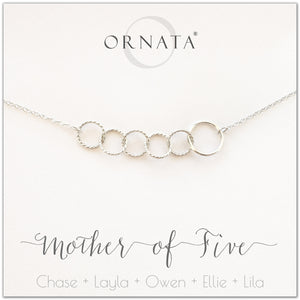 Mom or Mother of Five - personalized silver necklaces. Our sterling silver custom jewelry is a perfect gift for mothers of five children, wives, or family members. Also a good gift for Mother’s Day. Delicate sterling silver interlocking rings represent a mother and her five children. 