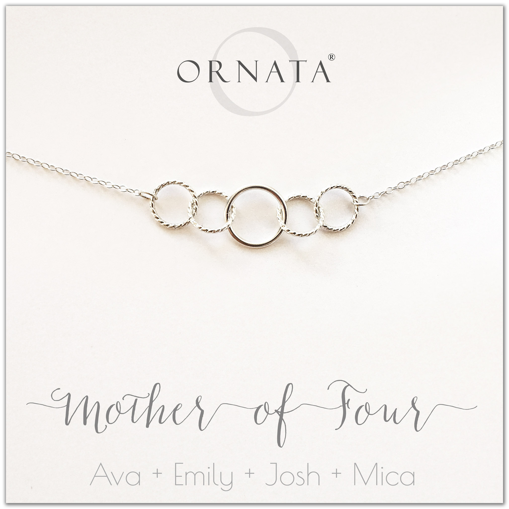 Mom or Mother of Four - personalized silver necklaces. Our sterling silver custom jewelry is a perfect gift for mothers of four children, wives, or family members. Also a good gift for Mother’s Day. Delicate sterling silver interlocking rings represent a mother and her four children. 