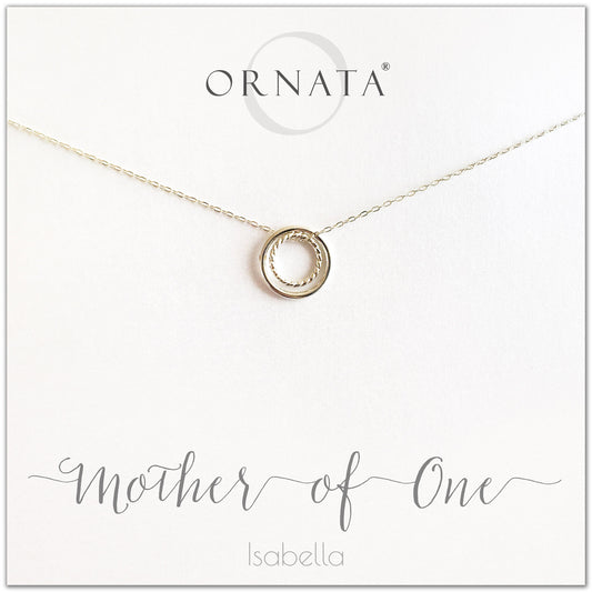 Mom or Mother of One - personalized silver necklaces. Our sterling silver custom jewelry is a perfect gift for mothers of one child, wives, or family members. Also a good gift for Mother’s Day. Delicate sterling silver interlocking rings represent a mother and child. 