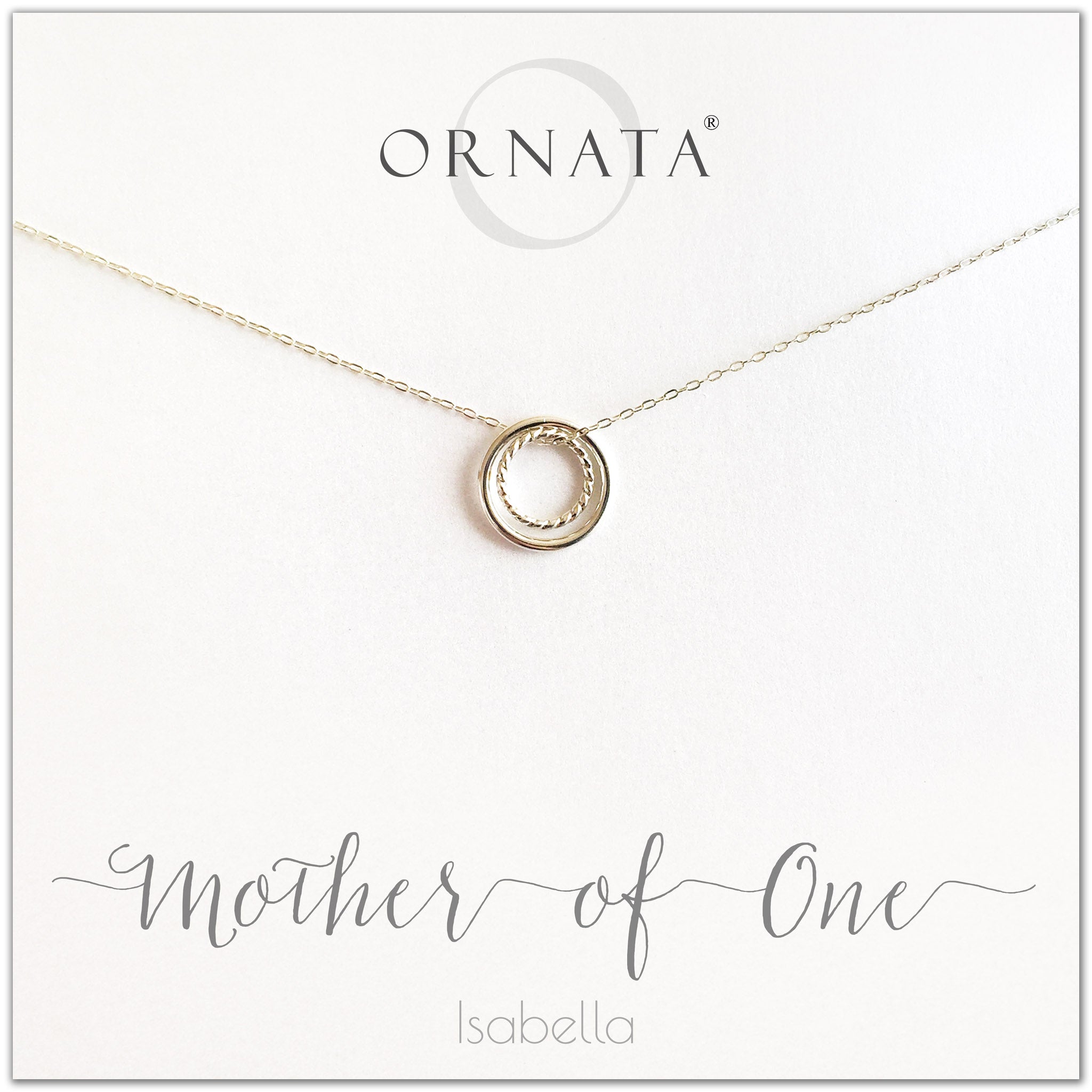 Mom or Mother of One - personalized silver necklaces. Our sterling silver custom jewelry is a perfect gift for mothers of one child, wives, or family members. Also a good gift for Mother’s Day. Delicate sterling silver interlocking rings represent a mother and child. 
