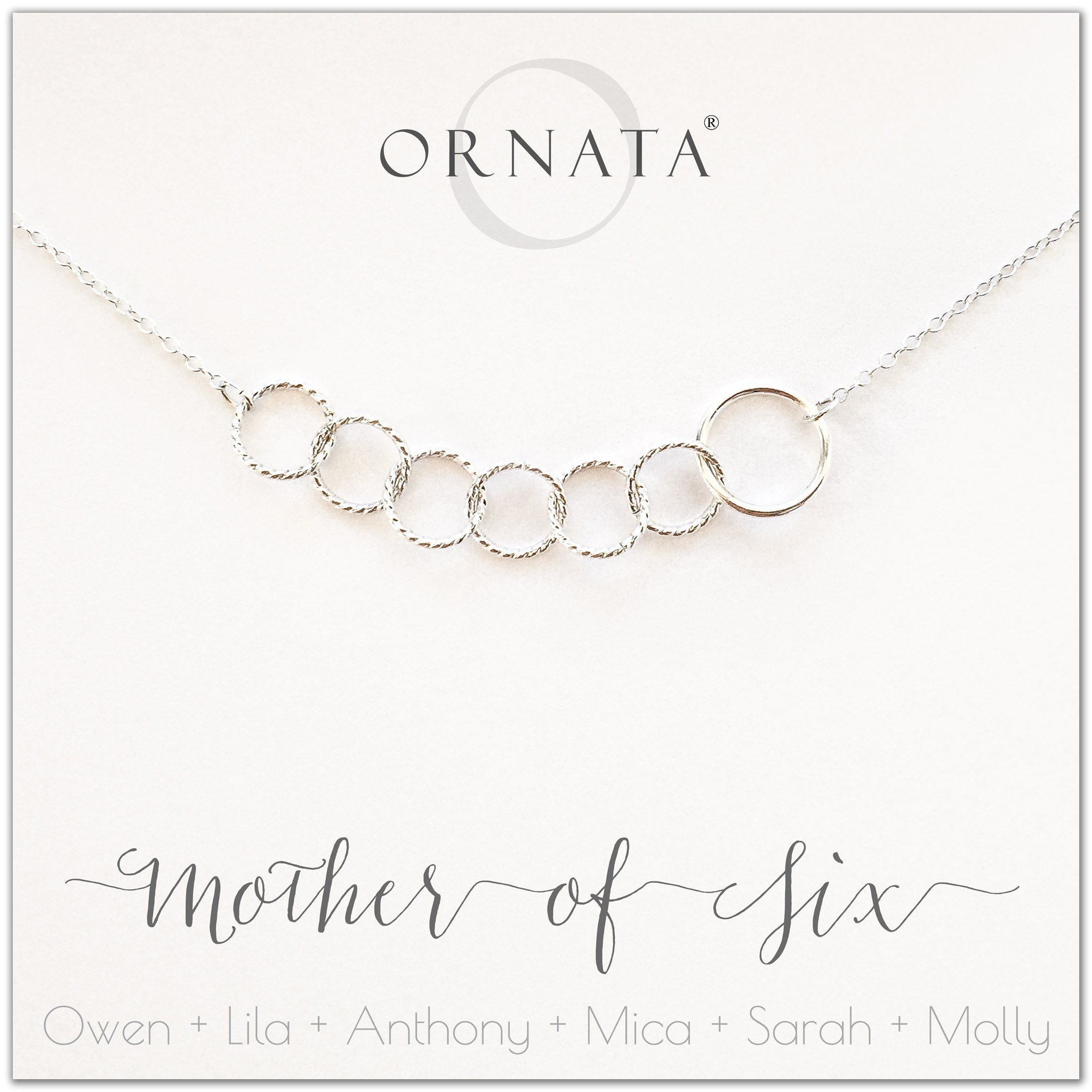 Mom or Mother of Six - personalized silver necklaces. Our sterling silver custom jewelry is a perfect gift for mothers of six children, wives, or family members. Also a good gift for Mother’s Day. Delicate sterling silver interlocking rings represent a mother and her six children. 