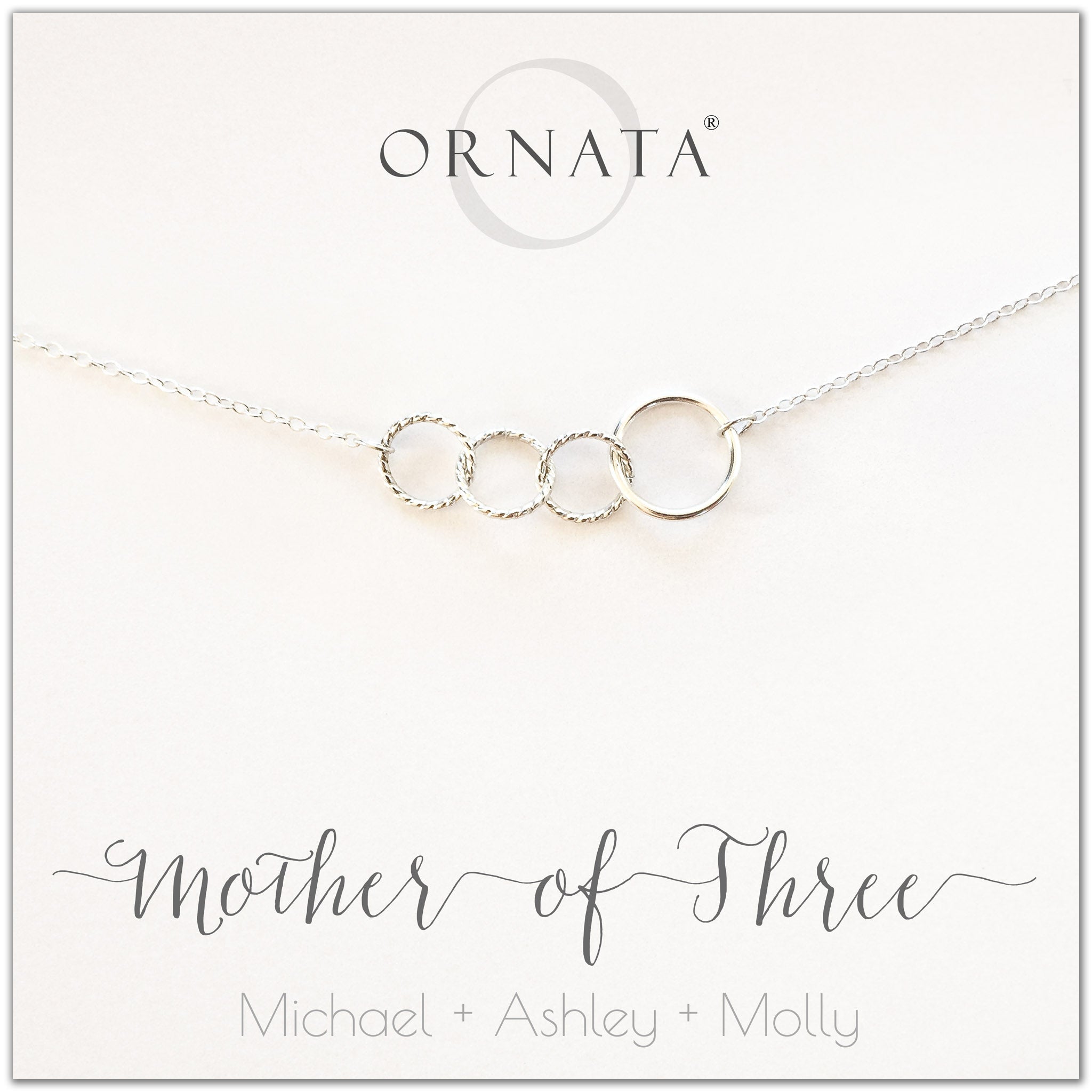 Mom or Mother of Three - personalized silver necklaces. Our sterling silver custom jewelry is a perfect gift for mothers of three children, wives, or family members. Also a good gift for Mother’s Day. Delicate sterling silver interlocking rings represent a mother and her three children. 