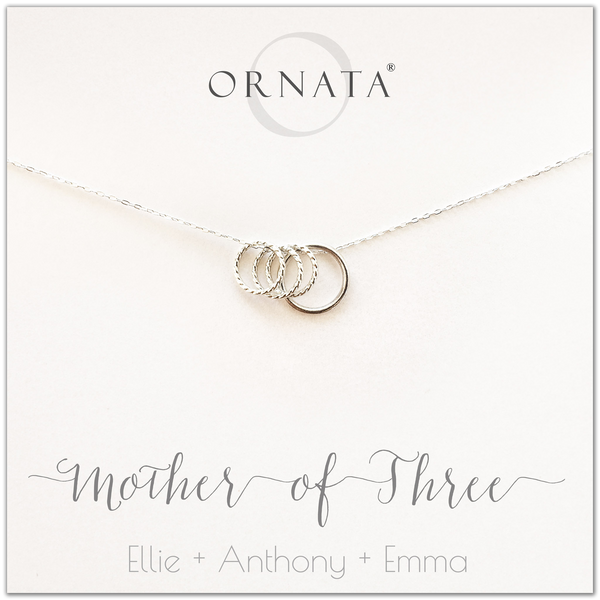 Mom or Mother of Three - personalized silver necklaces. Our sterling silver custom jewelry is a perfect gift for mothers of three children, wives, or family members. Also a good gift for Mother’s Day. Delicate sterling silver rings represent a mother and her three children. 