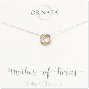 Mom or Mother of Twins - personalized silver necklaces. Our sterling silver custom jewelry is a perfect gift for mothers of twins, daughters, granddaughters, grandmothers, sisters, best friends, wives, girlfriends, and family members. Also a good gift for Mother’s Day. Delicate sterling silver rings represent a mother and her two twin children. 