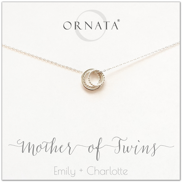 Mom or Mother of Twins - personalized silver necklaces. Our sterling silver custom jewelry is a perfect gift for mothers of twins, daughters, granddaughters, grandmothers, sisters, best friends, wives, girlfriends, and family members. Also a good gift for Mother’s Day. Delicate sterling silver rings represent a mother and her two twin children. 