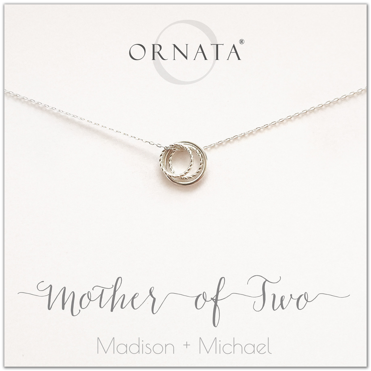 Mom or Mother of Two - personalized silver necklaces. Our sterling silver custom jewelry is a perfect gift for mothers of two children, daughters, granddaughters, grandmothers, sisters, best friends, wives, girlfriends, and family members. Also a good gift for Mother’s Day. Delicate sterling silver rings represent a mother and her two children. 