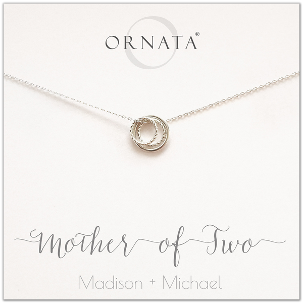 Mom or Mother of Two - personalized silver necklaces. Our sterling silver custom jewelry is a perfect gift for mothers of two children, daughters, granddaughters, grandmothers, sisters, best friends, wives, girlfriends, and family members. Also a good gift for Mother’s Day. Delicate sterling silver rings represent a mother and her two children. 