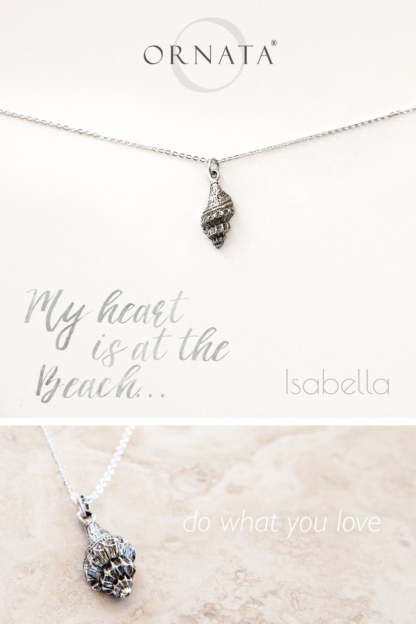 “My Heart is at the Beach” Sterling Silver and Silver Plated Seashell Necklace
