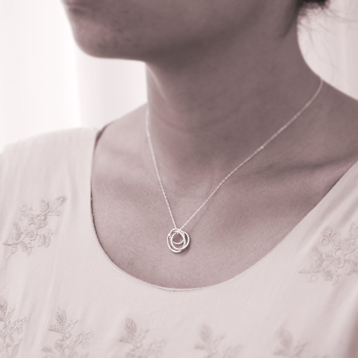 Three Generations Linked Ring Necklace in Sterling Silver