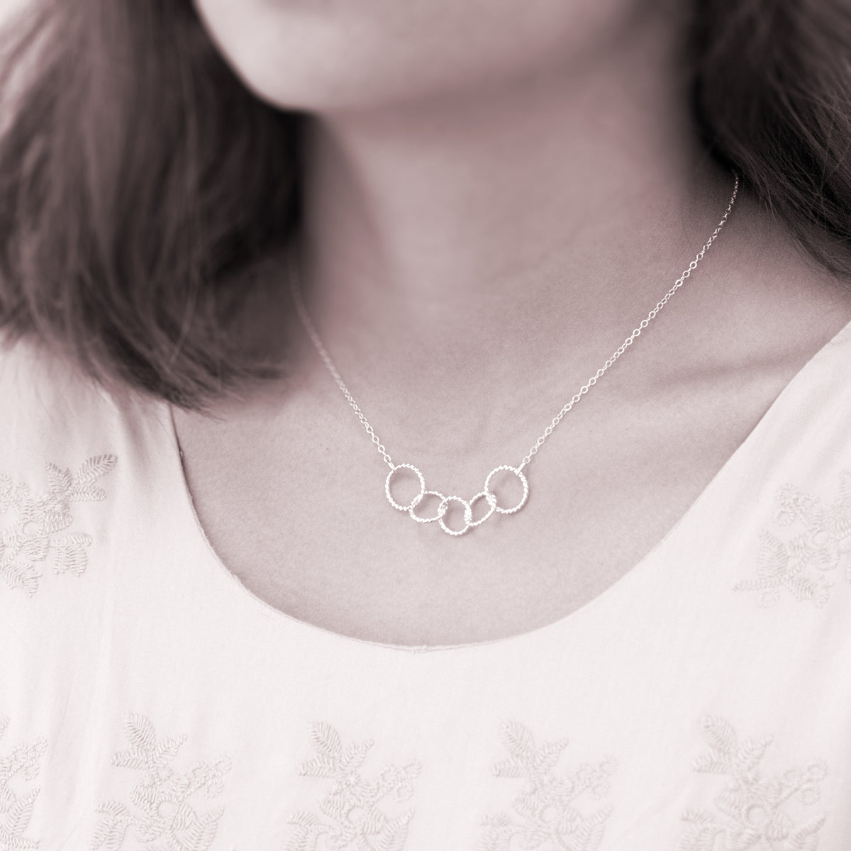 Family of 5 necklace - personalized family necklace is sterling silver with 5 interlocking rings to represent five family members. Great custom Mother’s Day gift.   