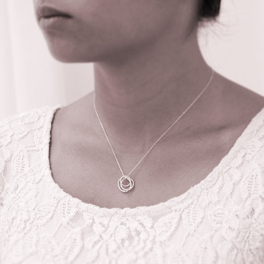 Custom Family of 3 necklace - personalized jewelry is sterling silver and the custom necklaces are good gifts for moms, daughters, sisters, family friends, or grandmas. Also good Mother’s Day gift or Mother’s Day jewelry for family of 3. 