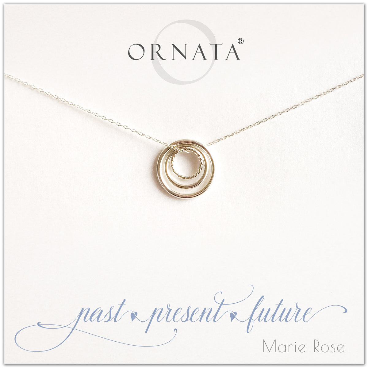 Past Present Future Three Ring - personalized silver necklaces. Our sterling silver custom jewelry is a perfect gift for mothers, daughters, granddaughters, grandmothers, sisters, best friends, wives, girlfriends, and family members. Three rings represent three generations. 