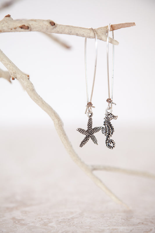 Silver Plated Pewter Starfish & Seahorse Earrings