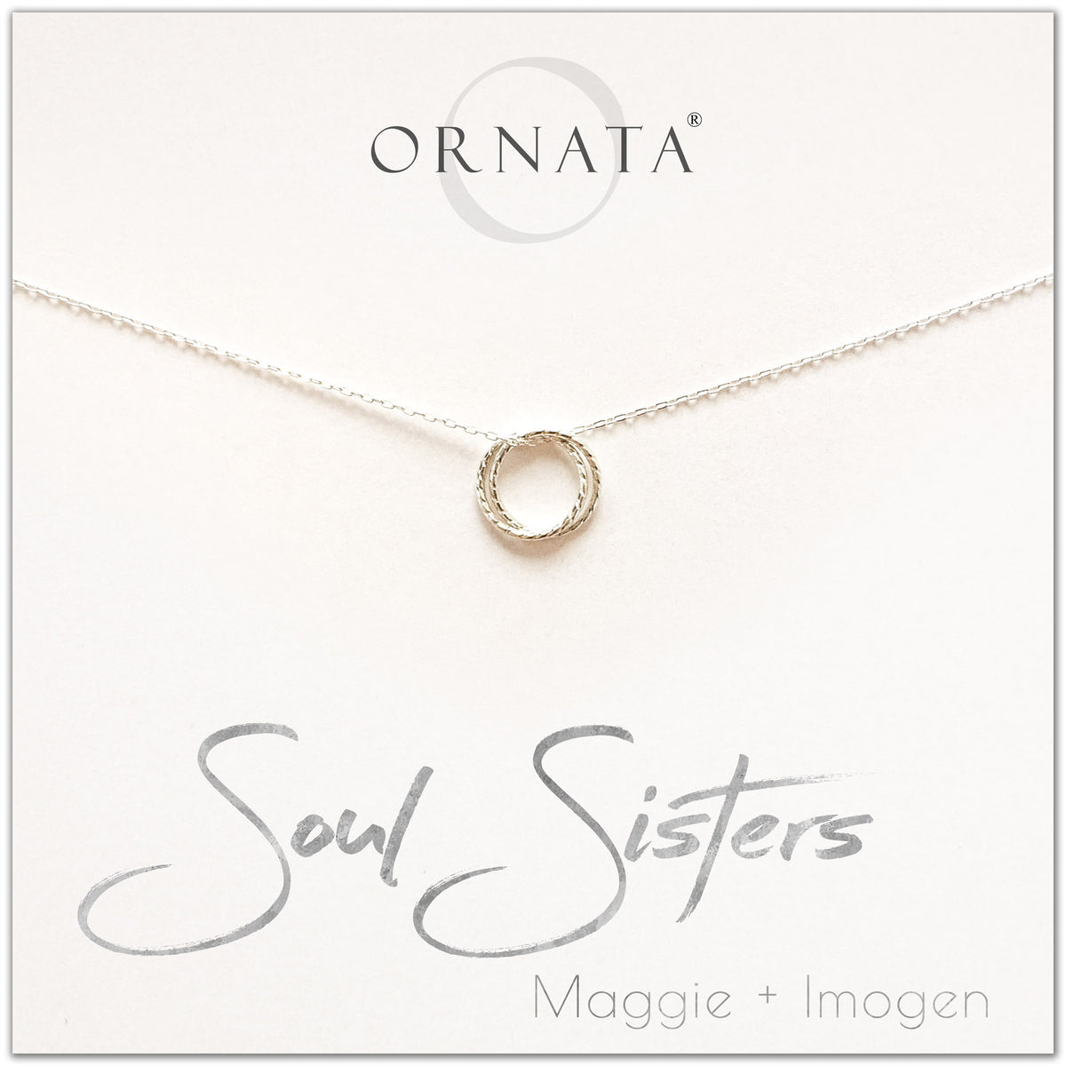 Personalized soul sisters necklace. Our sterling silver custom jewelry is a perfect gift for best friends, sisters, BFFs, and soul mates - symbolic necklace to represent two soul mates with two silver rings. Good gift for best friend or sister. 