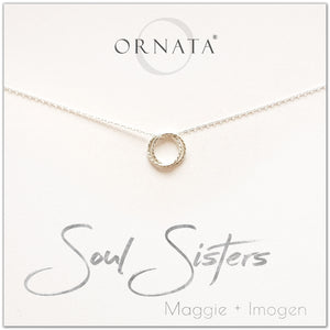 Personalized soul sisters necklace. Our sterling silver custom jewelry is a perfect gift for best friends, sisters, BFFs, and soul mates - symbolic necklace to represent two soul mates with two silver rings. Good gift for best friend or sister. 