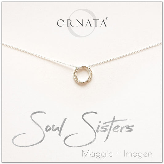 Personalized soul sisters necklace. Our sterling silver custom jewelry is a perfect gift for best friends, sisters, BFFs, and soul mates - symbolic necklace to represent two soul mates with two silver rings. Good gift for best friend or sister. 