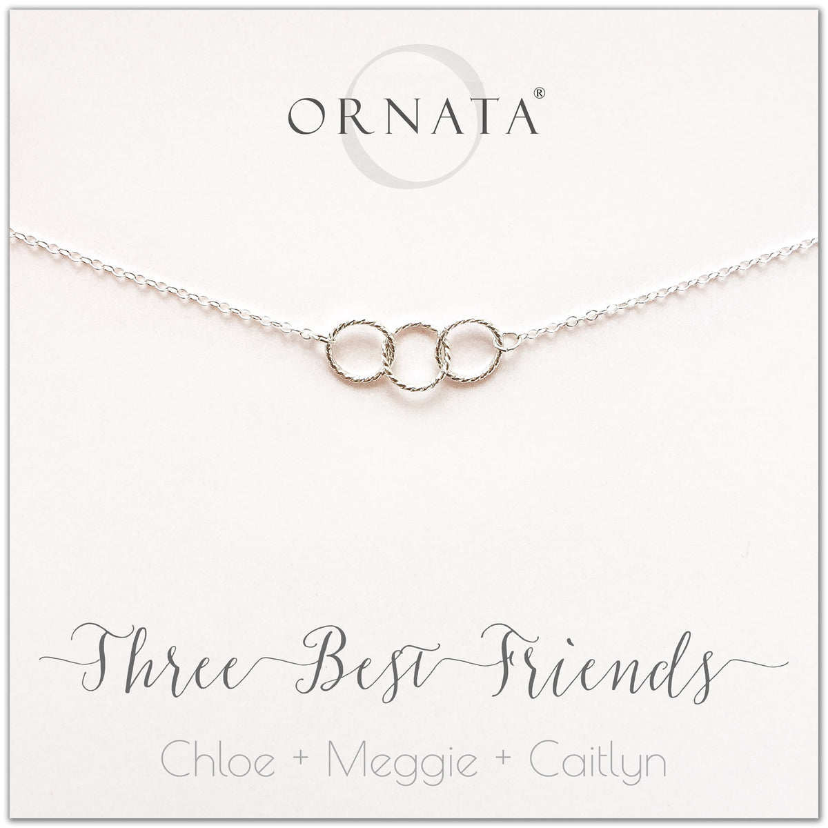 Personalized three best friends necklace. Our sterling silver custom jewelry is a perfect gift for best friends, sisters, and BFFs - symbolic necklace to represent three best friends with three silver interlocking rings. Good gift for best friend or sister.
