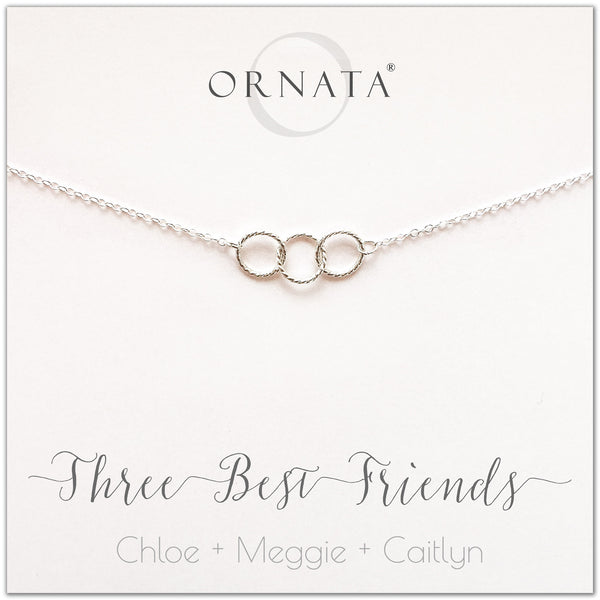Personalized three best friends necklace. Our sterling silver custom jewelry is a perfect gift for best friends, sisters, and BFFs - symbolic necklace to represent three best friends with three silver interlocking rings. Good gift for best friend or sister.