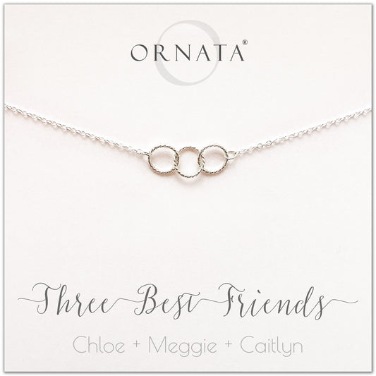 Personalized three best friends necklace. Our sterling silver custom jewelry is a perfect gift for best friends, sisters, and BFFs - symbolic necklace to represent three best friends with three silver interlocking rings. Good gift for best friend or sister.