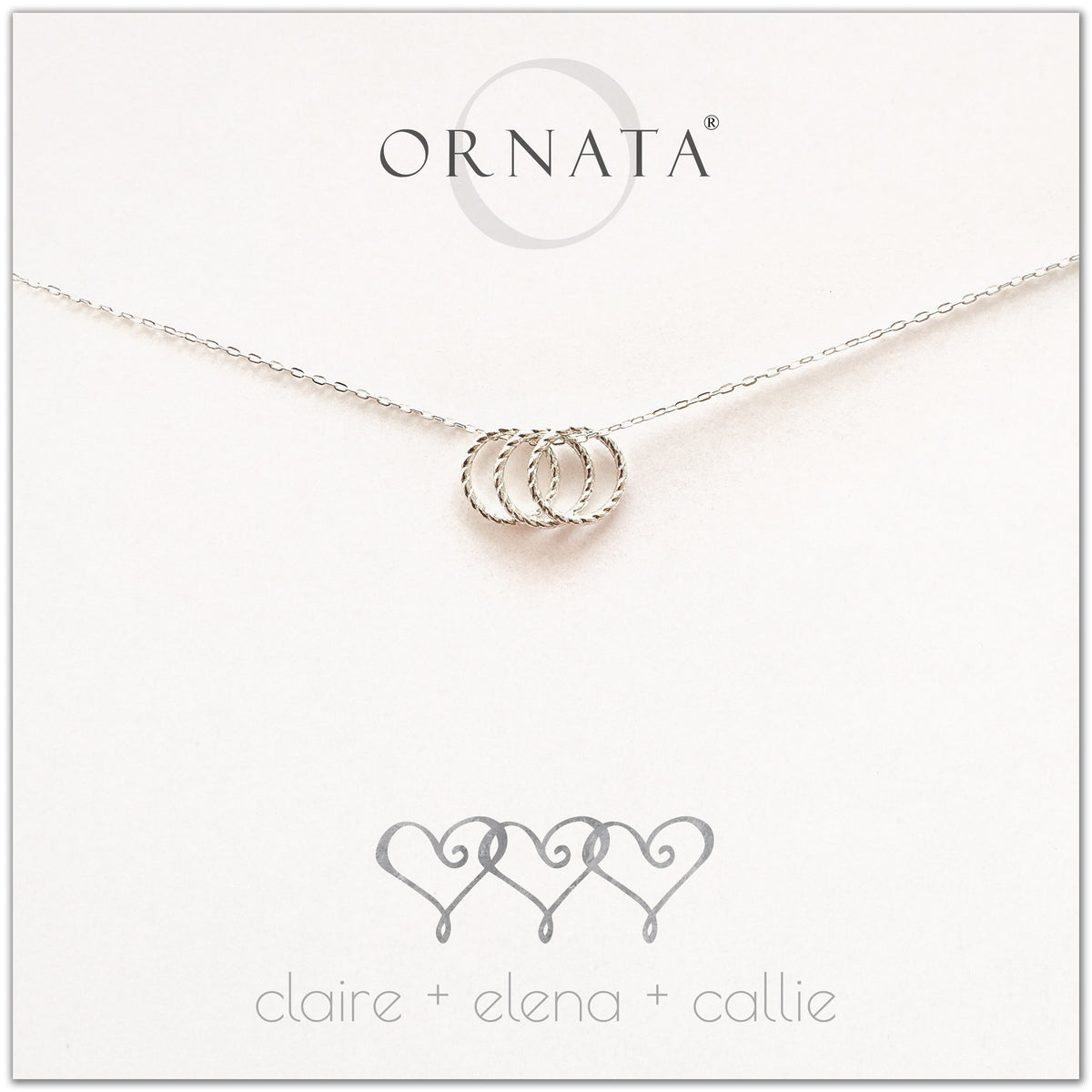 Personalized three hearts necklace. Our sterling silver custom jewelry is a perfect gift for best friends, sisters, BFFs, moms, families - symbolic necklace to represent three friends or family members with three silver interlocking rings. Good gift for best friend or sister or mom.