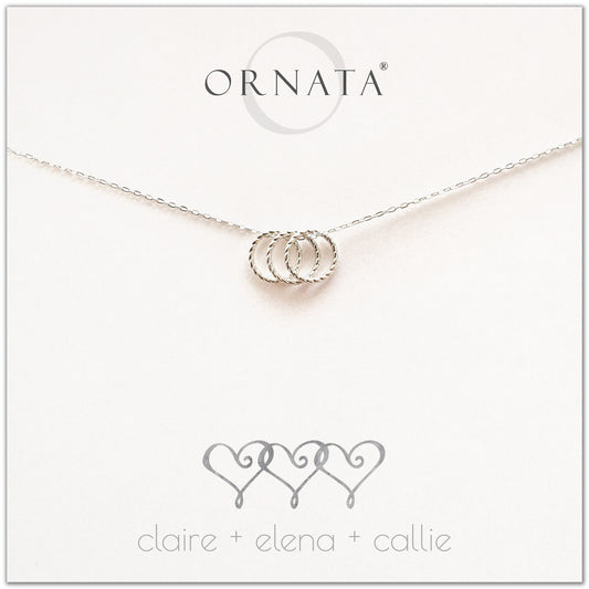 Personalized three hearts necklace. Our sterling silver custom jewelry is a perfect gift for best friends, sisters, BFFs, moms, families - symbolic necklace to represent three friends or family members with three silver interlocking rings. Good gift for best friend or sister or mom.