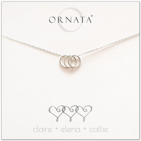 Personalized three hearts necklace. Our sterling silver custom jewelry is a perfect gift for best friends, sisters, BFFs, moms, families - symbolic necklace to represent three friends or family members with three silver interlocking rings. Good gift for best friend or sister or mom.