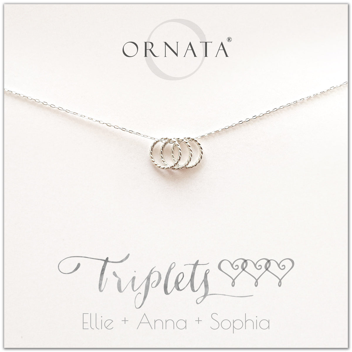 Personalized triplets necklace. Our sterling silver custom jewelry is a perfect gift for best friends, sisters, BFFs, moms, and mothers of triplets - symbolic necklace to represent triplet sisters with two silver interlocking rings. Good gift for best friend or sister or mom of triplets. 