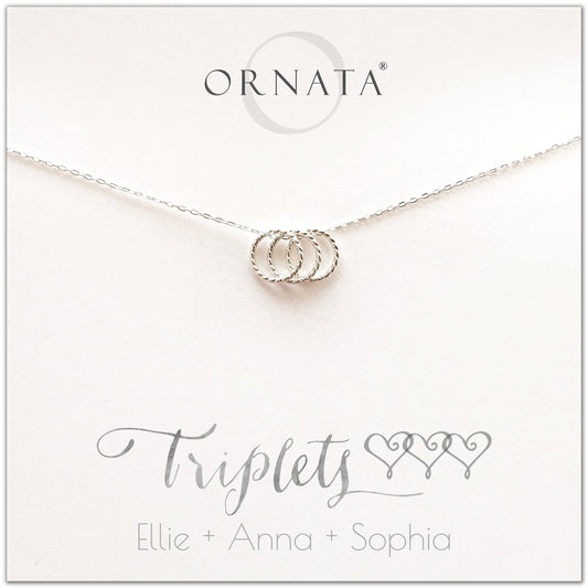 Personalized triplets necklace. Our sterling silver custom jewelry is a perfect gift for best friends, sisters, BFFs, moms, and mothers of triplets - symbolic necklace to represent triplet sisters with two silver interlocking rings. Good gift for best friend or sister or mom of triplets. 