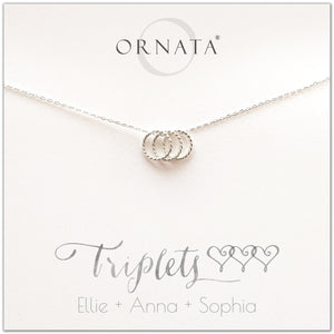 Personalized triplets necklace. Our sterling silver custom jewelry is a perfect gift for best friends, sisters, BFFs, moms, and mothers of triplets - symbolic necklace to represent triplet sisters with two silver interlocking rings. Good gift for best friend or sister or mom of triplets. 