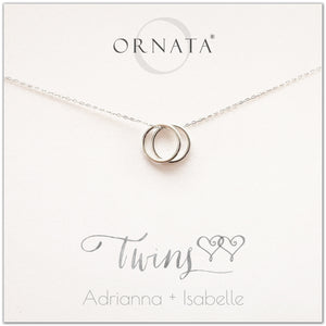 Personalized twins necklace. Our sterling silver custom jewelry is a perfect gift for best friends, sisters, BFFs, moms, and mothers of twins - symbolic necklace to represent twin sisters with two silver interlocking rings. Good gift for best friend or sister or mom of twins. 