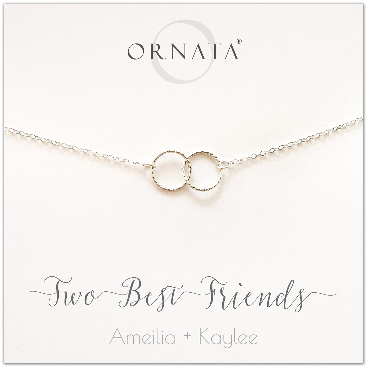 Personalized best friends necklace. Our sterling silver custom jewelry is a perfect gift for best friends, sisters, BFFs, and soul mates - symbolic necklace to represent two best friends with two silver interlocking rings. Good gift for best friend or sister. 