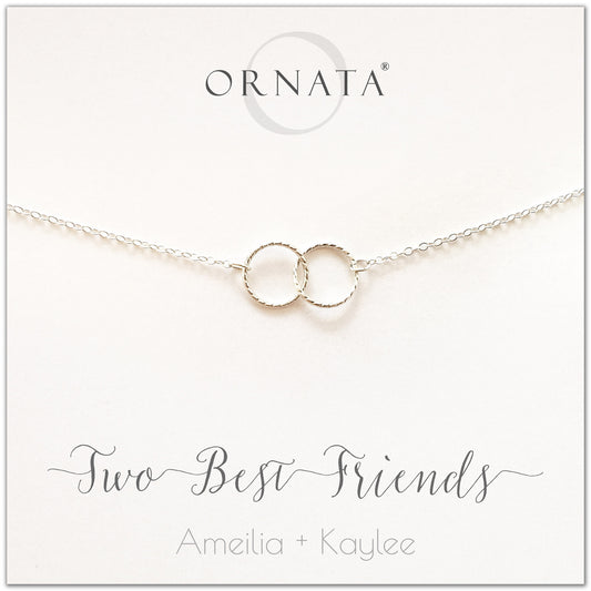 Personalized best friends necklace. Our sterling silver custom jewelry is a perfect gift for best friends, sisters, BFFs, and soul mates - symbolic necklace to represent two best friends with two silver interlocking rings. Good gift for best friend or sister. 