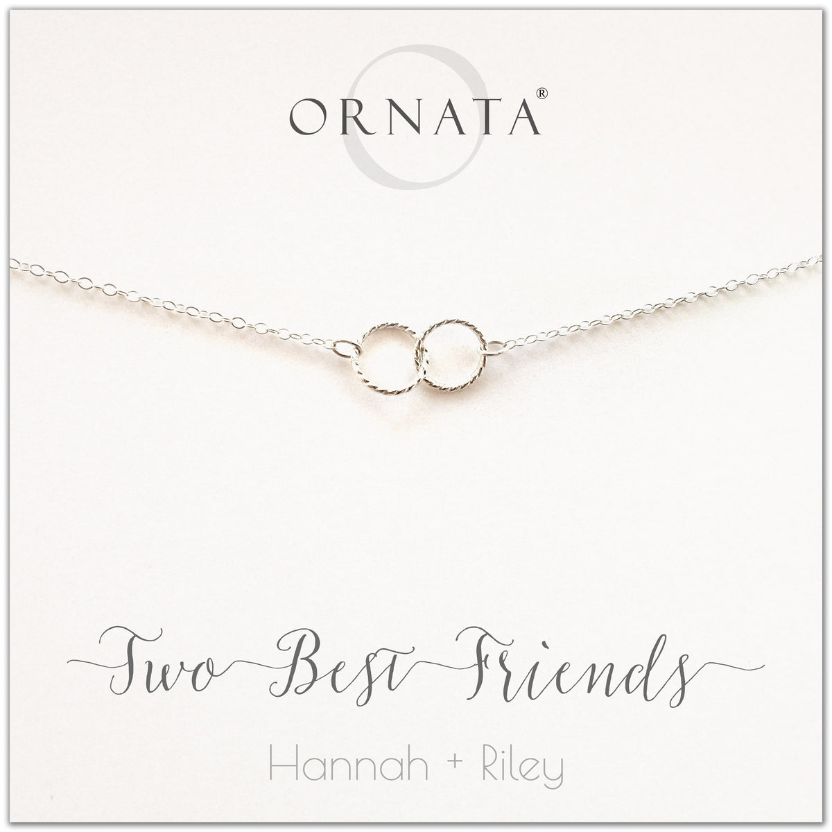Personalized best friends necklace. Our sterling silver custom jewelry is a perfect gift for best friends, sisters, BFFs, and soul mates - symbolic necklace to represent two best friends with two silver interlocking rings. Good gift for best friend or sister. 